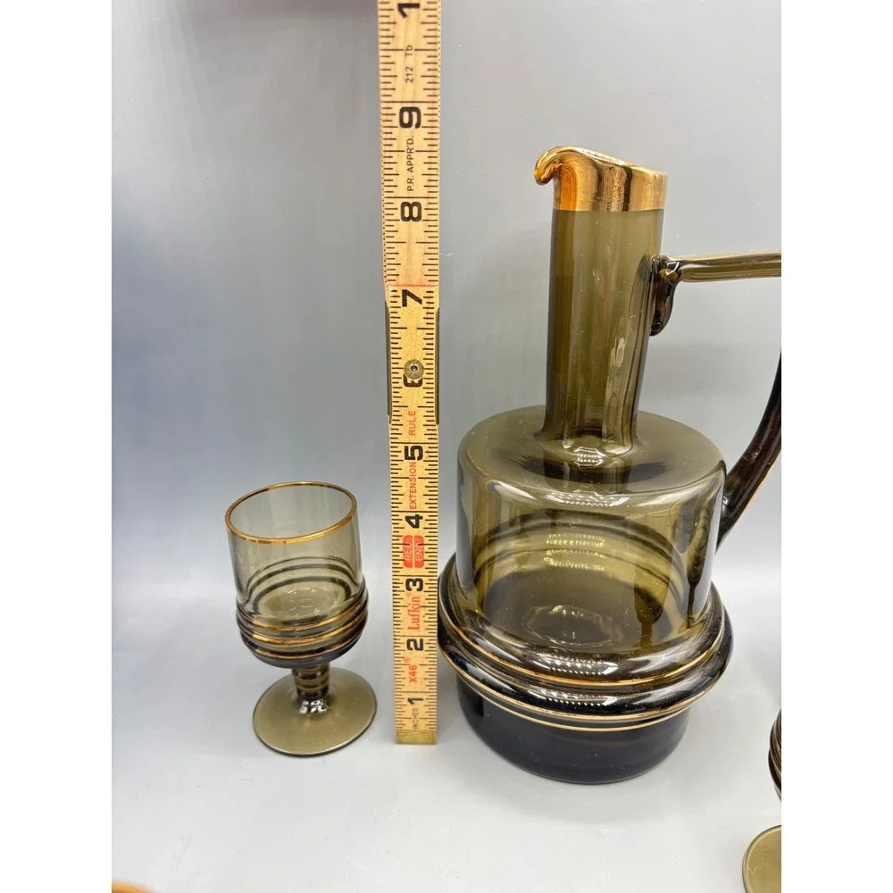 Vintage MCM Smoky Brown Glass Decanter Set Gold Rimmed 6 Cordial Glasses Barware